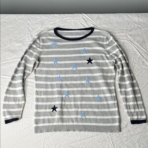 Venus Gray and White Striped Sweater with Blue Stars.  100% cotton. Size Medium